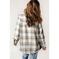 Gray Plaid Pattern Sherpa Lined Hooded Shacket - XL