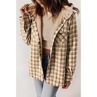 Khaki Plaid Pattern Sherpa Lined Hooded Shacket - XL