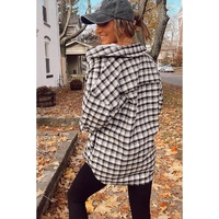 Black Plaid Print Chest Pockets Buttoned Tunic Shacket - L