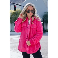 Dark Pink Faux Suede Sherpa Patchwork Button-up Shacket - M