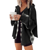 Black Waffle Knit Plaid Patchwork Drawstring Hooded Shacket - S