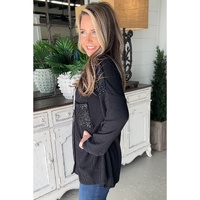 Black Sequin Patch Chest Pocket Corded Shacket - M