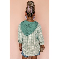 Green Checkered Print Loose Fit Buttoned Hooded Shacket - M