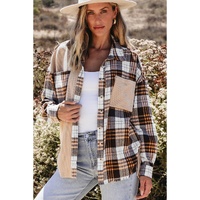 Khaki Thermal Knit Plaid Patchwork Shacket - XL