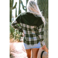 Blackish Green Snap Buttons Colorblock Plaid Shacket - L