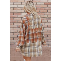 Khaki Plaid Colorblock Patchwork High Low Shacket - L