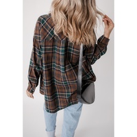 Brown Plaid Print Chest Pockets Buttoned Shirt Jacket - L