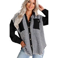 Black Houndstooth Corduroy Patchwork Flap Pocket Shacket - XL