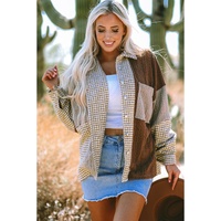 Khaki Houndstooth Color Contrast Textured Patchwork Loose Shacket - L