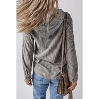 Light Grey Hooded Drawstring Pockets Corduroy Shacket - L