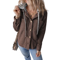 Coffee Hooded Drawstring Pockets Corduroy Shacket - S