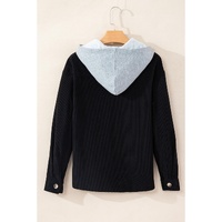 Black Hooded Drawstring Pockets Corduroy Shacket - L