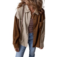 Brown Color Block Chest Pockets Buttoned Corduroy Shacket - L