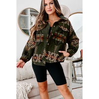 Green Aztec Print Flap Pockets Long Sleeve Shacket - XL