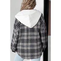 Black Plaid Print Flap Pockets Contrast Hooded Loose Shacket - M