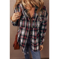 Red Plaid Print Chest Pocket Buttoned Hooded Shacket - M