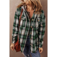 Green Plaid Print Chest Pocket Buttoned Hooded Shacket - S