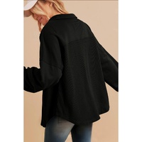 Black Waffle Knit Patchwork Buttoned Oversized Shacket - 2XL