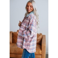 Pink Plaid Print Color Block Collared Flap Pockets Loose Shacket - M