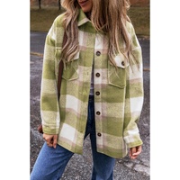 Sage Green Plaid Print Buttoned Flap Pockets Baggy Shacket - 2XL