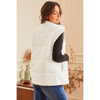 Beige  Zipper Stand Neck Oversized Puffer Vest - L