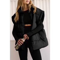 Black Solid Zipper Stand Neck Oversized Puffer Vest - S