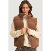 Coffee Corduroy Stand Neck Zipped Puffer Vest - M