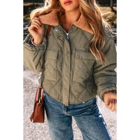 Jungle Green Teddy Collar Flap Pockets Quilted Puffer Jacket - M