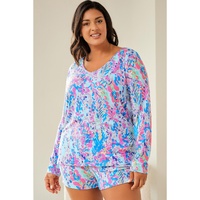 Sky Blue Plus Size Floral Print Long Sleeve and Shorts Lounge Outfit - 2X
