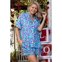 Sky Blue Cute Flower Print Contrast Trim Plus Size Short PJ Set - 1X