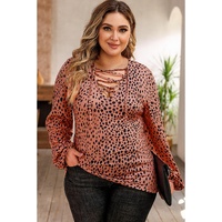 Leopard Plus Size Puff Sleeve V Neck Lace-up Slim Top - 1X