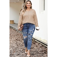 Khaki Plus Size Textured Drop Shoulder Exposed Seam Top - 2X