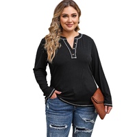 Black Plus Size Contrasting Topstitch Ribbed Henley Top - 1X