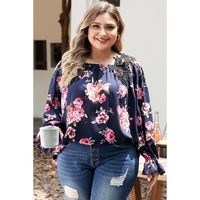 Navy Blue Plus Size Crochet Detail Cold shoulder Floral Blouse - 1X