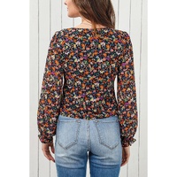 Black Plus Size V Neck Bubble Sleeve Floral Blouse - 2X