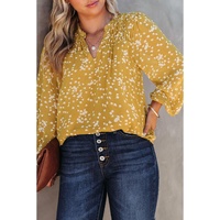 Yellow Plus Size Floral Print Ruched Split Neck Blouse - 1X