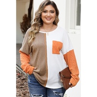 Chestnut Plus Size Color Block Textured Patchwork Top with Pocket - 1X