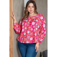 Pink Plus Size Square Neck Floral Blouse - 1X