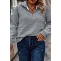 Light Grey Quarter Zipper Collared Ribbed Knit Plus Size Top - 1X