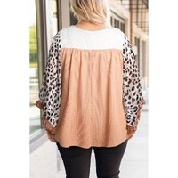 Khaki Printed Plus Ruffle Leopard Sleeve Waffled Color Block Top - 1X