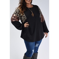 Black Leopard Sequin Patch Plus Size Long Sleeve Top - 1X