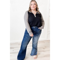 Black Color Contrast Waffle Knit Buttoned Plus Size Top - 2X