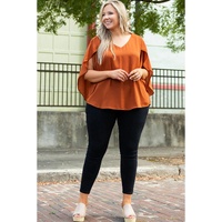 Gold Flame Plus Size Solid Wrapped Ruffled Sleeve V Neck Blouse - 1X