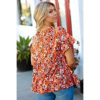 Orange Floral Printed Ruffle Sleeve Curvy Babydoll Blouse - 1X