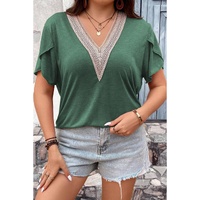 Blackish Green Plus Size Embroidery V Neck Draped Sleeve Blouse - 1X