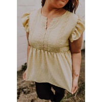 Golden Fleece Plus Size Swiss Dot Lace Trim Split Neck Babydoll Top - 1X