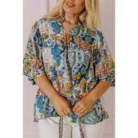 Multicolour Plus Size Floral Print Half Sleeve Slit Neck Blouse - 2X