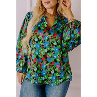 Green Plus Size Floral Bubble Sleeve V Neck Blouse - 2X