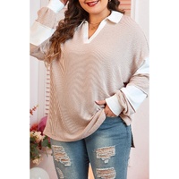 Parchment Corded Colorblock Long Sleeve Slit V Neck Plus Top - 1X
