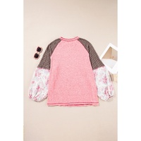 Pink Checkered Paisley Patchwork Raglan Sleeve Seamed Plus Size Top - 1X